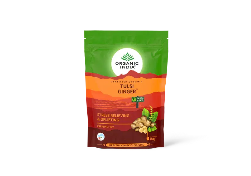 Organic India Green Tea Tulsi Ginger, 100g Pouch, Stress Relieving & Uplifting