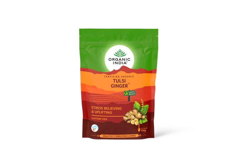 Organic India Green Tea Tulsi Ginger, 100g Pouch, Stress Relieving & Uplifting