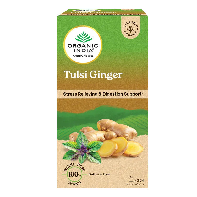 Organic India Green Tea Tulsi Ginger - 25 Tea Bags, Healing Support & Stress Relieving