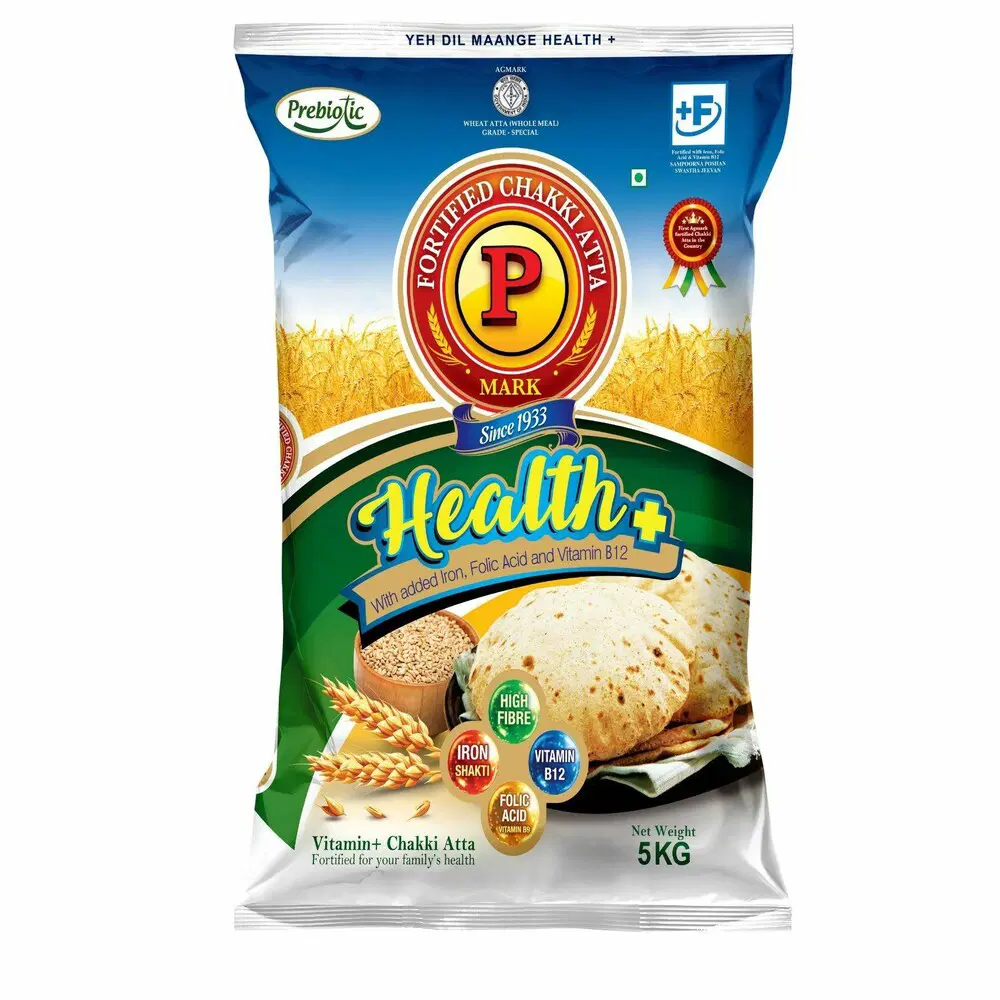P Mark Health+ Wheat Chakki Atta, With Added Iron, Folic Acid & Vitamin B12, 5 Kg