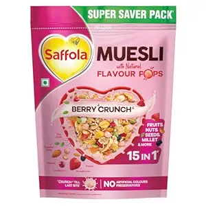 Saffola Muesli Berry Crunch with Flavor Pops, 180 gm, 15 in 1 Fruit and Nuts, Seeds, Millet & more