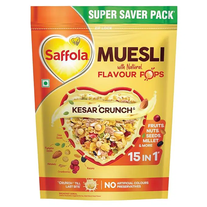 Saffola Muesli Kesar Crunch with Flavor Pops, 180 gm, 15 in 1 Fruit and Nuts, Seeds, Millet & more
