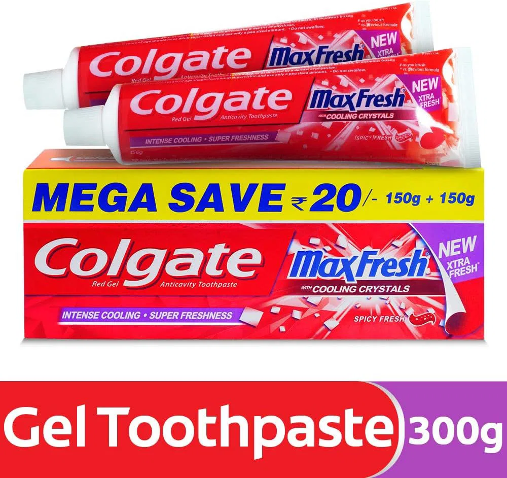 Colgate MaxFresh Red Gel, 10x Longer Lasting Tooth Paste, Pack of 2 Pieces, 150g + 150g