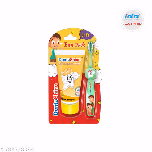 Dento Shine Kids Gel Toothpaste with Free Toothbrush (Fun Pack) - Mango, IDA Accepted Ages 2+, 80g