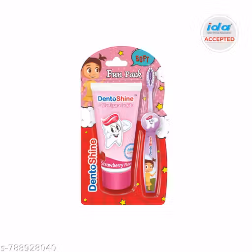 Dento Shine Kids Gel Toothpaste with Free Toothbrush Fun Pack, Strawberry, IDA Accepted Ages 2+, 80g