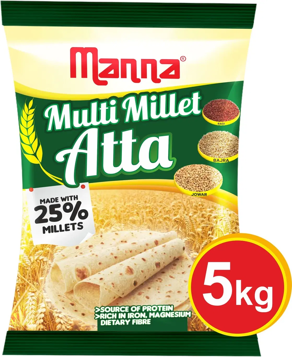 Manna Multi Millet Atta - 5kg - MultiGrain Atta with 25% Millets, 100% Natural Flour, (5 kg)