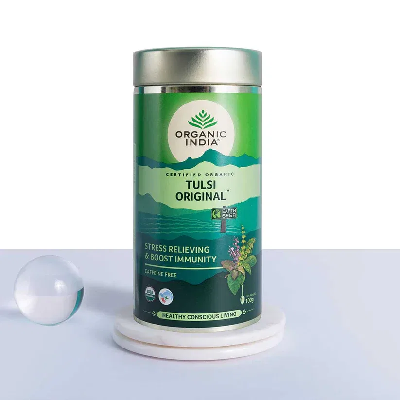 Organic India Green Tea Tulsi Original  100g Tin, Stress Relieving & Boost Immunity 