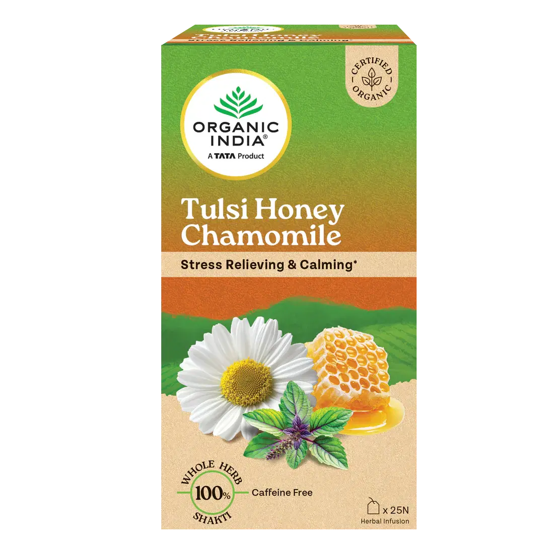 Organic India Green Tea Tulsi Honey Chamomile Infusion -25 Tea Bags, Stress Relieving & Calming