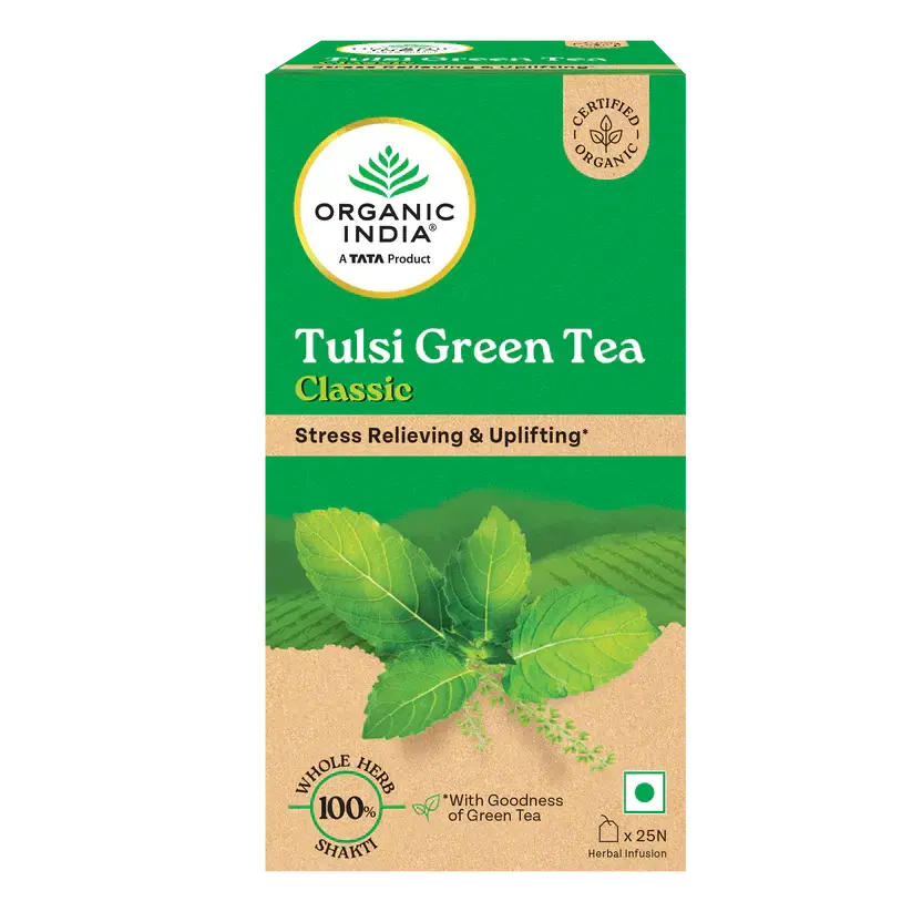 Organic India Tulsi Green Tea Classic - 25 Tea Bags, Stress Relieving & Anti-Inflammatory