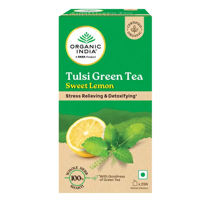 Organic India Green Tea Tulsi Sweet Lemon- 25 Tea Bags, Stress Relieving & Detoxifying