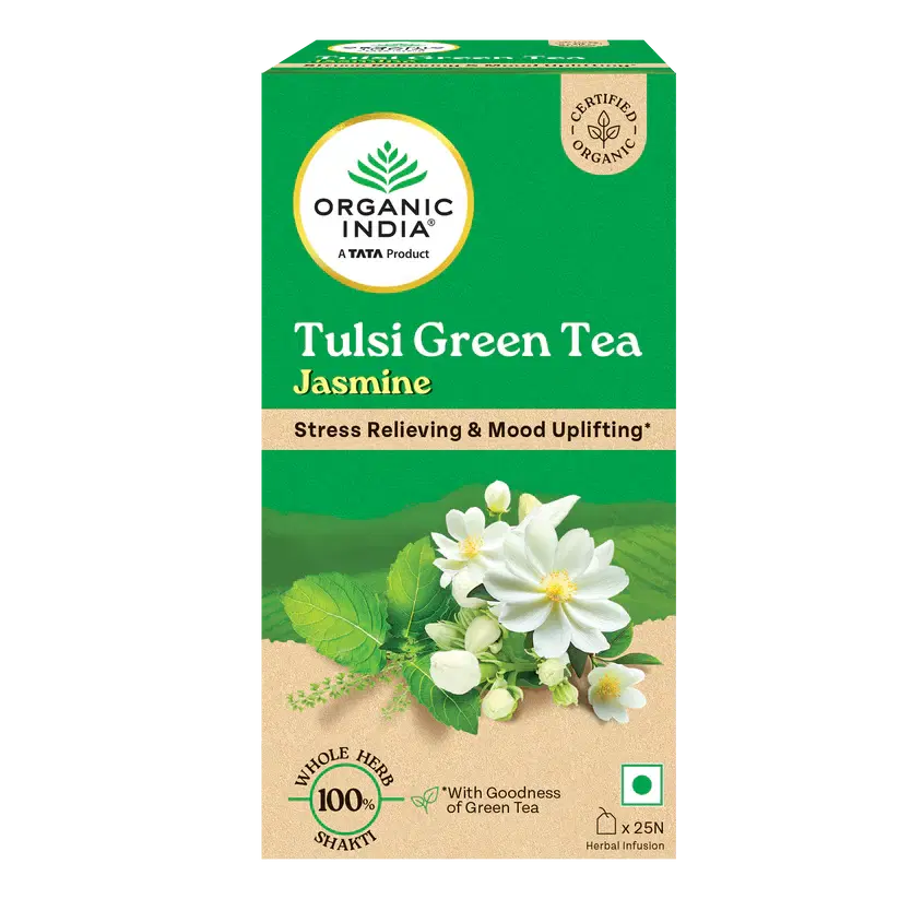 Organic India Green Tea Tulsi Jasmine - 25 Tea Bags, Stress Relieving & Mood Uplifting