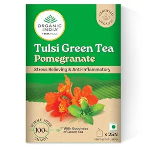 Organic India Tulsi Green Tea Pomegranate -25 Tea Bags, Stress Relieving & Anti-Inflammatory
