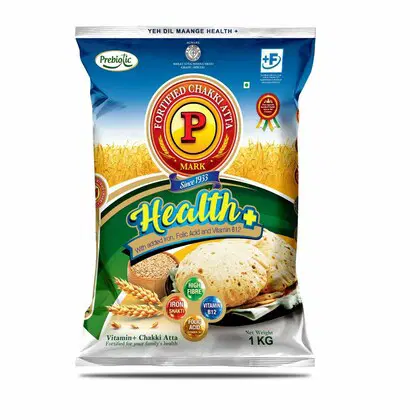 P Mark Health+ Wheat Chakki Atta, With Added Iron, Folic Acid & Vitamin B12, 1 Kg